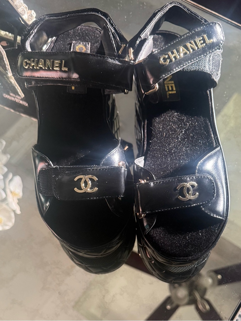 CHANEL Black Patent Leather Platform Sandals with Gold CC Hardware